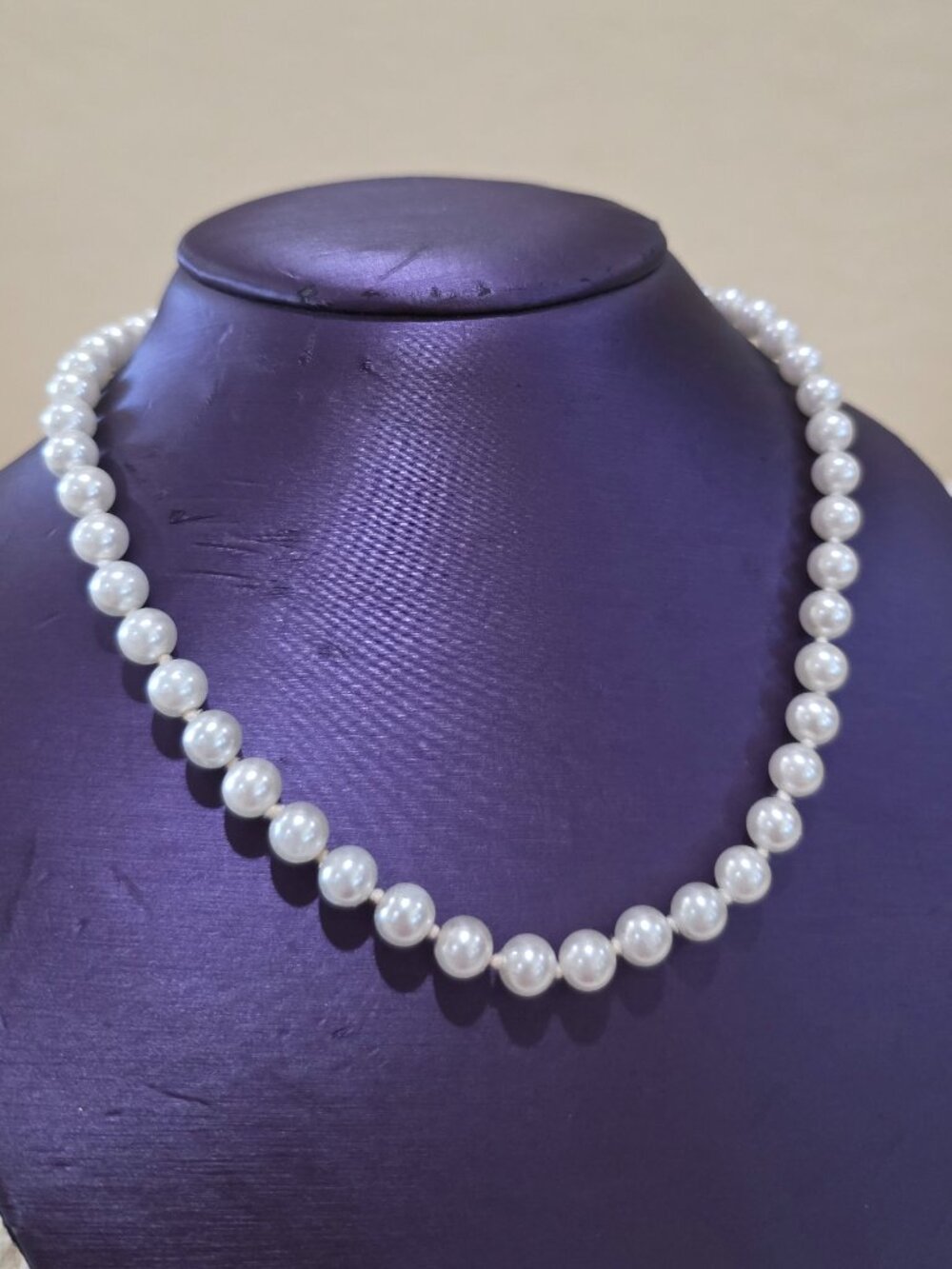 Vintage 7mm Heavy White Faux Pearl Silver Asian Design 925 Clasp 18" Necklace